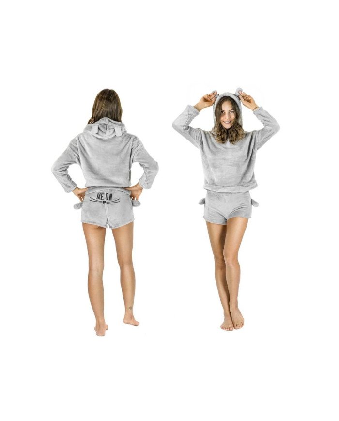 Topla ženska pižama iz mehkega pliša z kapuco – dvodelni komplet