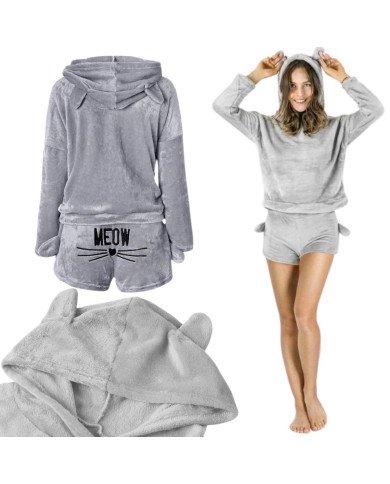 Topla ženska pižama iz mehkega pliša z kapuco – dvodelni komplet