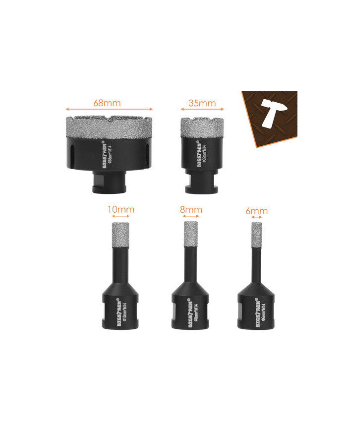 BIGSTREN set 6 diamantnih kronskih žag M14 za keramiko in kamen 6-68mm + adapter